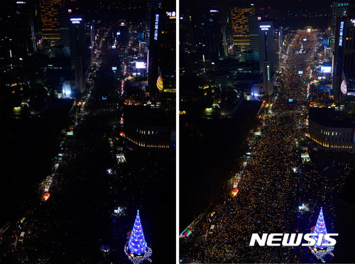 【서울=뉴시스】사진공동취재단 = 3일 오후 서울 종로구 광화문광장 일대에서 열린 제6차 민중총궐기에 참가한 시민들이 19시에 맞춰 촛불 소등행사를 하고 있다. 2016.12.03.   photo@newsis.com