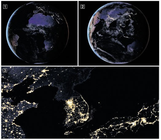 ①·② 우주에서 바라본 해 진 뒤의 지구의 모습. ③ 밤의 한반도. 서울과 부산 등 대도시는 물론 해안선의 불빛과 휴전선 경계까지 선명하게 보인다. 반면 북한 지역은 평양을 제외하고는 모두 캄캄하다.NASA’s Goddard Space Flight Center