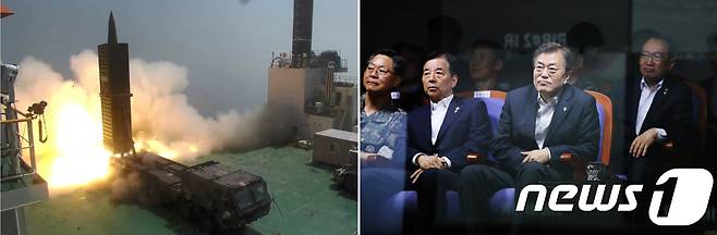 문재인 대통령이 지난 6월 23일 오전 충남 태안에 위치한 국방과학연구소(ADD) 안흥시험장을 방문해 탄도미사일 비행시험을 참관하고 있다. (국방부 제공, 청와대 제공) 2017.6.23/뉴스1 © News1 이광호 기자
