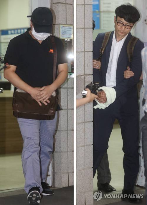 (서울=연합뉴스) 한상균 기자 = 문재인 대통령의 아들 준용씨에 대한 '취업특혜 의혹 제보조작' 사건에 관여한 혐의를 받고 있는 국민의당 이준서 전 최고위원은 구속영장이 발부됐고 이유미 씨의 동생은 기각됐다. 12일 새벽 남부지검을 나서는 이 전 최고위원(오른쪽)과 이유미 씨 동생.     xyz@yna.co.kr