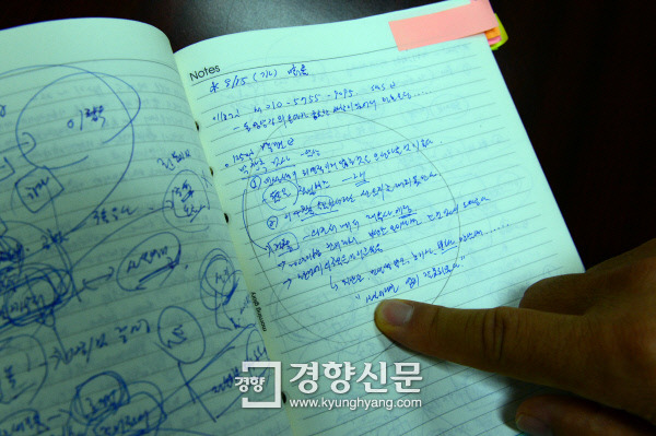 2010년 9월15일 민홍규씨의 부인과 함께 임채진 전 총장을 찾아가 사건 수임을 의뢰한 공군 정보장교 출신 ㄱ씨가 당일 업무일지에 기록한 내용. 임 전 총장이  이 사건을 맡더라도 선임계를 내지 못한다는 내용이 적혀 있다. 김영민 기자
