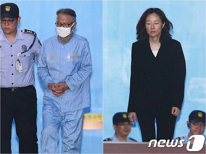 김기춘 전 대통령 비서실장(왼쪽)과 조윤선 전 장관이 27일 오후 서울 서초구 서울중앙지방법원에서 열린 '문화계 블랙리스트' 직권남용권리행사방해 등 선고 공판을 마치고 구치소로 향하고 있다.  2017.7.27/뉴스1 © News1 임세영 기자