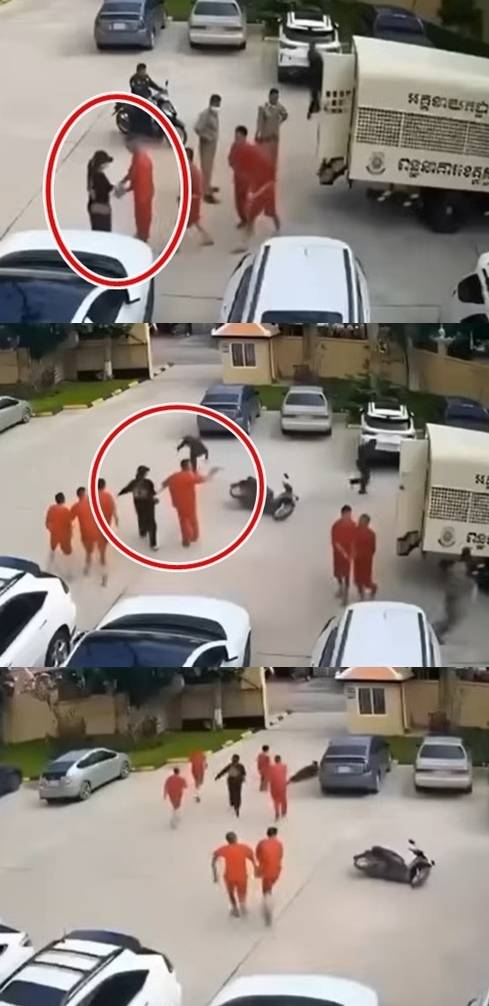 18일 캄보디아 남부 스바이 리엥 주 지방법원에서 사기 혐의로 기소돼 재판받기 위해 법원을 찾은 베트남 남성 5명과 캄보디아 남성 1명이 한 베트남 여성에게 건네받은 권총으로 총격전을 벌이며 탈주했다.(왼쪽) 이들은 1시간 30분 만에 체포됐다. 자료 : 스바이 리엥 주 지방법원 폐쇄회로(CC)TV·소셜미디어