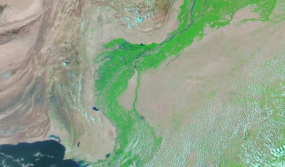 위성에서 찍은 파키스탄 인더스강 하류. 2021년 8월 모습. 사진 CNN 캡처