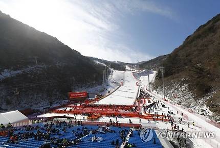 15일 정선 알파인 센터 관중석이 썰렁한 모습을 보이고 있다.[로이터=연합뉴스]