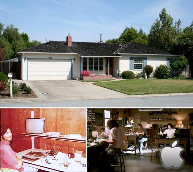 &nbsp;애플이 시작된 차고(위). 차고에서 일하던 스티브 잡스(아래 왼쪽). 스티브 잡스의 일대기를 다룬 2013년작 영화 &lsquo;잡스&rsquo;도 애플의 차고 시절을 똑같이 재연해 화제가 됐다.(아래 오른쪽)