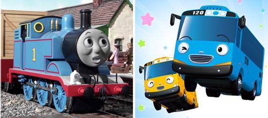 영국 애니메이션 ‘토마스와 친구들’ 캐릭터(左), 국산 애니메이션 ‘타요’ 캐릭터(右)