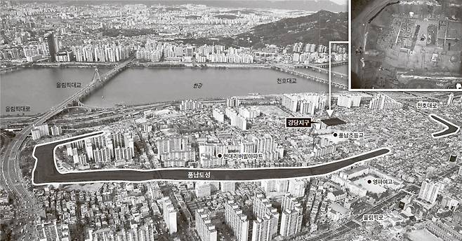 백제 왕성터인지 여부를 놓고 논란이 일고 있는 서울 송파구 풍납토성 전경. 작은 사진은 유적과 유물이 다수 발굴된 경당지구. [중앙포토, 한신대박물관]