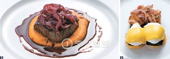 ⑥ 레드 와인에 졸인 양파 마멀레이드를 얹은 ‘오븐 로스트 채끝 등심 스테이크’와 ⑦ 크랩 케이크 위에 수란을 얹은 ‘루브리카 베네딕트’.