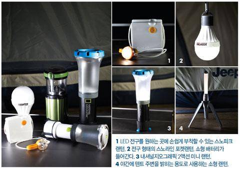 [월간산]1 LED 전구를 원하는 곳에 손쉽게 부착할 수 있는 스노피크 랜턴. 2 전구 형태의 스노라인 포켓랜턴. 소형 배터리가 들어간다. 3 내셔널지오그래픽 2액션 미니 랜턴.  4 야간에 텐트 주변을 밝히는 용도로 사용하는 소형 랜턴.