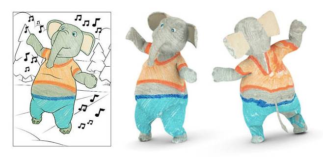 컬러링 책에 있는 코끼리가 애플리케이션에서 3D로 구현되는 모습.