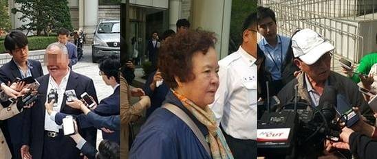 살인 혐의로 기소됐다가 무죄가 확정된 에드워드 리의 아버지(왼쪽부터), 피해자 조중필씨의 어머니 이모씨와 아버지 조모씨가 8일 패터슨의 재판을 보기 위해 서울중앙지법 청사를 찾았다. /조지원 기자