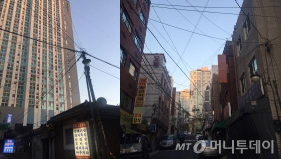 서울 동대문구 답십리 래미안 위브 아파트 단지에서 지하철 5호선 답십리역 가는 길의 모습들. 사진 왼쪽, 청계푸르지오시티 앞으로 옛날 가옥의 식당들이 있다. 사진 오른쪽, 골목길 저너머로 답십리 래미안 위브 아파트 단지의 모습이 보인다. /사진=배규민 기자