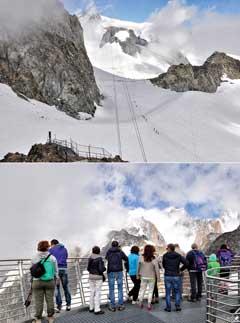 [월간산](위)전망대 정상에서 본 몬테비앙코 일대의 만년설. 빙하를 가로질러 정상으로 향하는 등산객들이 보인다. / 푼타 엘브로네전망대에서 몬테비앙코를 보려고 기다리는 사람들.