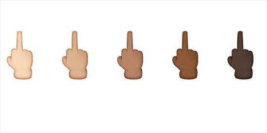 애플이 아이폰 iOS 9.1 정식 업데이트 버전에 추가한 '손가락 욕' 이모티콘. 피부색은 인종에 따라 여섯 가지다