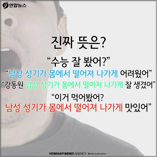 진짜 뜻은? "수능 잘 봤어?" "남성 성기가 몸에서 떨어져 나가게 어려웠어" "강동원 남성 성기가 몸에서 떨어져 나가게 잘 생겼어" "이거 먹어봤어? 남성 성기가 몸에서 떨어져 나가게 맛있어"