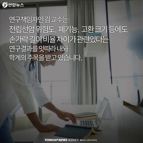 연구책임자인 김 교수는  전립선암 위험도, 폐기능, 고환 크기 등에도  손가락 길이 비율 차이가 관련있다는  연구결과를 잇따라 내놔 학계의 주목을 받고 있습니다.