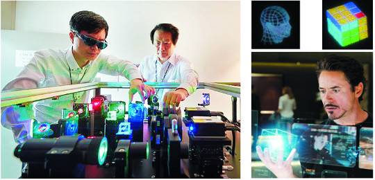 한국전자통신연구원(ETRI) 연구원들이 360도 모든 방향에서 볼 수 있는 3차원 컬러 홀로그램 영상을 준비하고 있다(왼쪽 사진). 오른쪽 위 사진 2장은 이 과정을 거쳐 '360도 3D 홀로그래피 기술'로 구현한 홀로그램 영상. 오른쪽 아래는 영화 '아이언맨'에서 주인공이 손 위에 홀로그램을 구현하는 장면이다. ETRI 제공