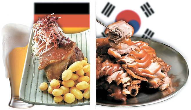 돼지 정강이 살을 이용한 독일 바이에른 지방의 전통요리 슈바인학센은 한국인 입맛에도 잘 맞는다(左), 캐러멜 같은 껍질의 젤라틴과 담백한 속살이 어우러져 한국인의 ‘동안 음식’으로 사랑받는 돼지 족발.(右)