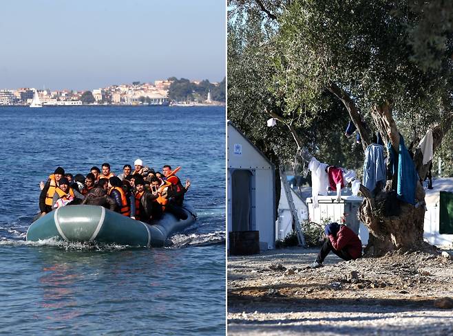 2015년 12월5일 터키에서 출발해 그리스 레스보스섬 동부 해변에 거의 닿은 난민들(왼쪽). 같은 날 근처 카라테페 난민캠프에서 시리아 난민이 휴식을 취하고 있다(오른쪽).