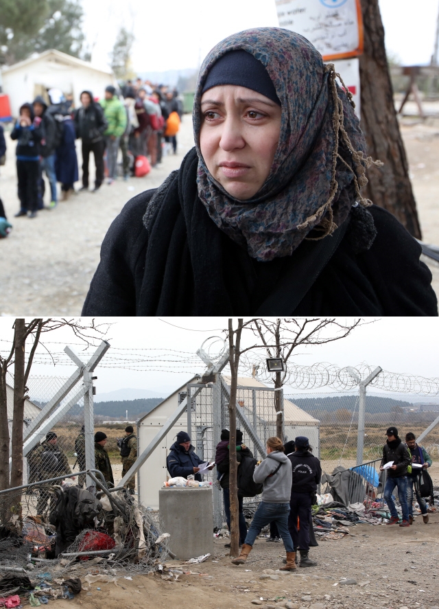 팔레스타인 시리아인 자하라(38·가명)는 2015년 12월11일 그리스 북부 국경지대에서 경찰이 가로막자 울음을 터뜨렸다(위쪽). 그가 우는 사이 다른 시리아·이라크·아프가니스탄 난민들이 국경을 지나 마케도니아로 넘어가고 있다(아래쪽).