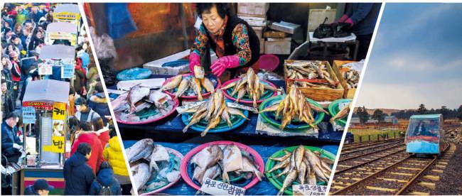 (왼쪽부터)전주 남부시장 야시장에 모여든 인파. [사진=한은희 작가] 광주 말바우 시장의 원산지 표시는 구체적인 지역까지 적어야 완성된다. [사진=채지형 작가] 제주 용눈이오름이 정면으로 바라보이는 제주레일바이크. [사진=정은주 작가]