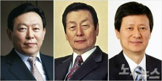 신격호 롯데그룹 창업주(가운데), 차남 신동빈 롯데그룹 회장(왼쪽), 장남 신동주 전 일본롯데 부회장