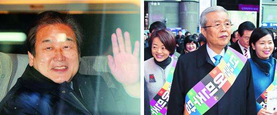 김무성 새누리당 대표가 5일 서울역에서 부산행 기차에 탑승해 손을 흔들고 있다(왼쪽 사진). 김종인 더불어민주당 비상대책위원장이 당직자들과 함께 서울 용산역을 찾아 귀성객들에게 인사를 하고 있다.서영희 윤성호 기자
