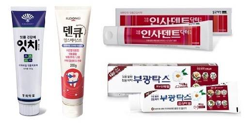 국산 치약형 잇몸치료제 제품들. 동화약품 잇치(왼쪽부터), 일동제약 덴큐헬스페이스트, 동국제약 인사덴트, 부광약품 부광탁스.