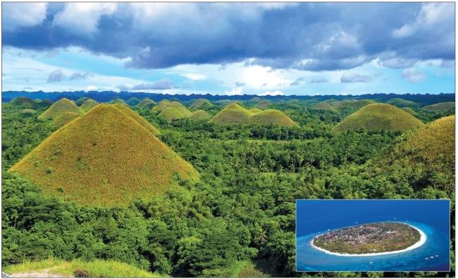 필리핀 보홀(Bohol)의 초콜릿힐은 우리의 고분 보다는 크고, 오름 보다는 작은 반원형 언덕 1270여개가 펼쳐진 곳으로, 세계 10대 불가사의에 꼽힌다. 생태 도시로서 순수한 자연 속에 순수한 사람들이 모여사는 보홀은 방문하는 것 만으로도 바삐 살아가는 한국의 도시 사람들에게 신선한 교훈을 던져준다. 작은 사진은 발리카삭섬 전경.