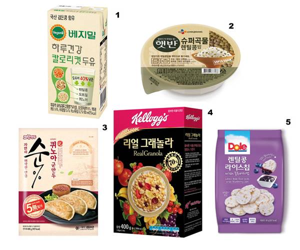 1. 정식품 `베지밀 하루건강 칼로리 컷 두유`2. CJ제일제당 `햇반 슈퍼곡물 렌틸콩밥`3. 해태제과 ‘순% 퀴노아 군만두’4. 농심 켈로그 `리얼 그래놀라`5. 돌 `렌틸콩 라이스칩 위드 블루베리잼`