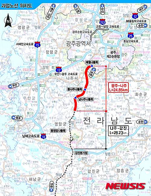 【나주=뉴시스】이창우 기자 =  16일 한국도로공사에 따르면 광주~완도간 고속도로 착공을 알리는 1단계 '광주(서구 벽진)~나주~강진(성전)' 구간 51.08㎞가 연말 착공될 예정이다. 이미지는  1단계  공사구간  노선 위치도. 2016.03.18 (이미지=한국도로공사 제공)   lcw@newsis.com