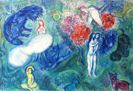 마르크 샤갈의 1961년작 ‘낙원’.  천지창조 후의 창조물들이 화폭을 채우고 있다. 샤갈성서미술관 소장.