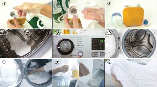 (위)가습기 세척 순서, (중간) 세탁조 세척 순서, (아래) 옷감 표백하기 순서 (사진=레인보우샵 제공)