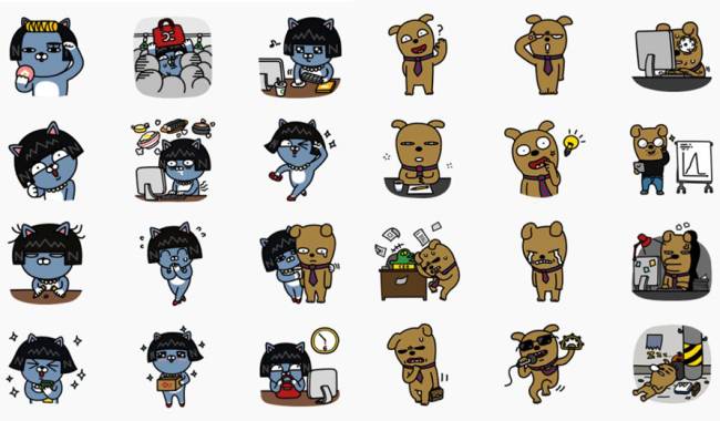 카카오프렌즈 오피스라이프 스티커. 여성 캐릭터인 고양이 네오(왼쪽)와 남성 캐릭터인 강아지 프로도(오른쪽).