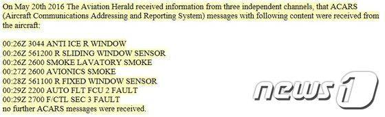 추락한 이집트항공 여객기 MS804편에서 전달된 '항공기운항정보 교신시스템(ACARS)' 메시지 내용 ('Avherald'제공) © News1