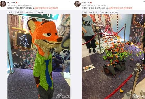 3일 밤을 꼬박 새워 만든 레고작품이 한 중국인 소년의 실수로 산산조각 났다. (원작자 웨이보 캡처)