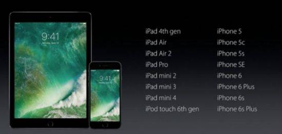 애플이 WWDC2016 현장에서 공개한 iOS10 업그레이드 지원 기기 목록.
