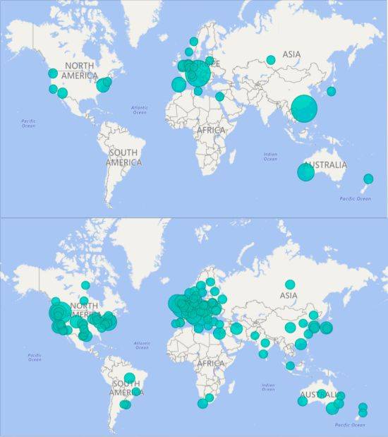 닷넷 프로젝트의 기여도 지역별 그래프(위: 2015년, 아래: 2016년)