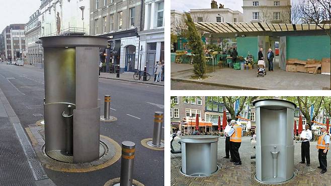 화장실이 턱없이 부족한 유럽의 도시 중엔 노상방뇨를 줄이기 위해 팝업 화장실(night-pop up)을 설치한 곳이 있다. 평소엔 땅속에 있다가 거리에 사람이 많아지면 땅 위로 솟아오르는 간이 화장실이다. 왼쪽 사진은 런던 챠터하우스 스트리트에 있는 팝업 화장실, 오른쪽 아래 사진은 암스테르담 토르베케 스퀘어에 설치된 팝업 화장실. 오른쪽 위사진은 영국 웨스트 그로브 노팅힐에 있는 꽃집 화장실. 화장실에 꽃집을 접목해 유지관리비를 줄이고 범죄도 예방했다. [사진 위키미디어, 구글 스트리트뷰]