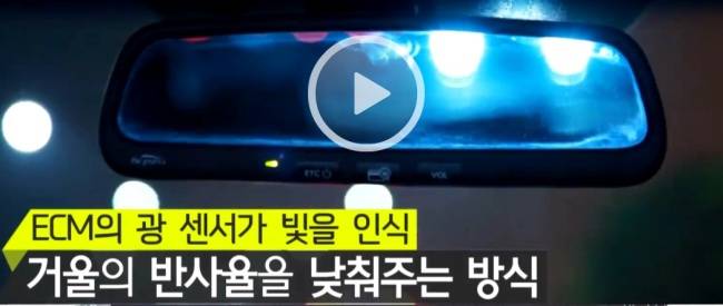 룸미러 ECM 기능으로 뒷차 전조등 불빛을 낮춰주는 모습[출처=현대차그룹방송]