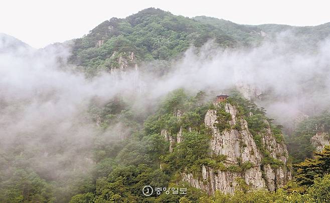 구름이 감싸안은 경북 포항 내연산의 전망대 선일대.