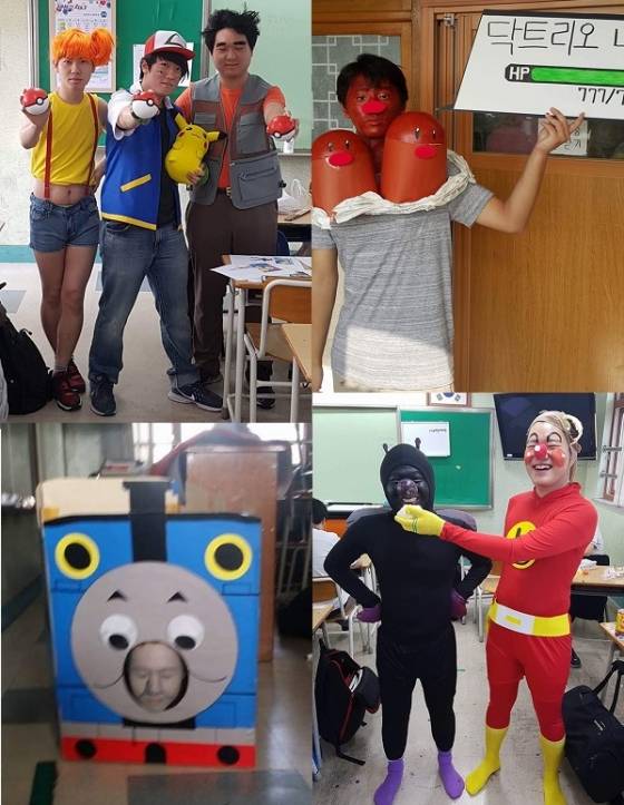 (왼쪽 위부터 시계방향으로) 만화 '포켓몬스터'의 주인공 캐릭터, 포켓몬 '닥트리오', 호빵맨과 세균맨, '토마스와 친구들'의 토마스를 분장한 학생들. /사진=페이스북 캡처