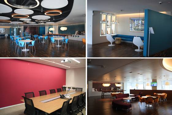 11층 허브존(윗줄 사진)과 12층에 마련된 회의실(왼쪽 아래)과 허브존(오른쪽 아래). 11층은 파란색, 12층은 빨간색이 적용된 인테리어가 특징이다. /김범수 기자