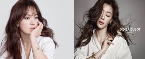 지난 2014년부터 올해 2월까지 제이에스티나 메인 모델로 활동한 한류 스타 송혜교(왼쪽)와 세정그룹의 디디에두보 모델이었던 한류 스타 전지현