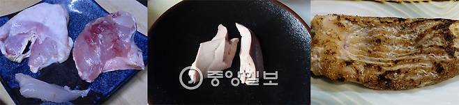 민어의 특수부위들. 왼쪽 사진부터 이맛살·턱살·볼살(앞부터 시계방향)·애(간), 곱창(위)구이. 머리살 3총사는 다 합해 100g 될까 말까 하다. 맛도 몽통 살에 비할 바 아니다. 단골 중 먼저 오는 사람이 임자다.
