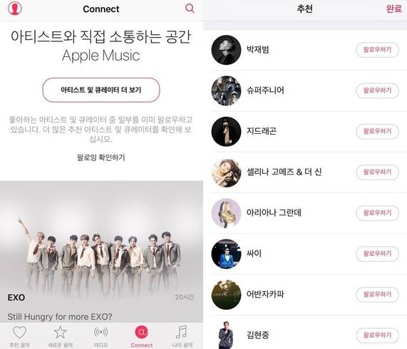 애플뮤직 커넥트 메뉴의 모습. 유명 아티스트와 팬들이 소통할 수 있는 공간. /애플뮤직 화면 캡처