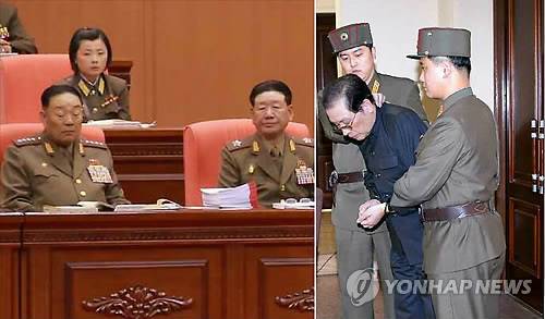 '불경죄'로 숙청한 현영철 전 인민무력부장(왼쪽), 오른쪽 사진은 북한이 공개한 포승줄에 묶인 처형직전의 장성택. [노동신문 = 연합뉴스 자료사진]