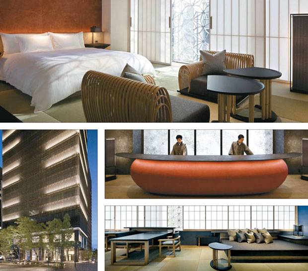 사진 위부터 시계 방향으로 도쿄 호시노야 온천호텔 객실, 2층 프런트데스크, 휴게 공간, 건물 외관. [사진 제공 = 호시노리조트]