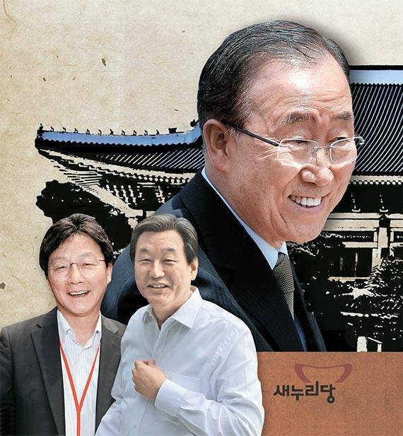 새누리당 반기문 유엔 사무총장이 새누리당 대선 경선에 뛰어들지 관심이다. 작은사진 왼쪽부터 유승민 의원, 김무성 전 대표.